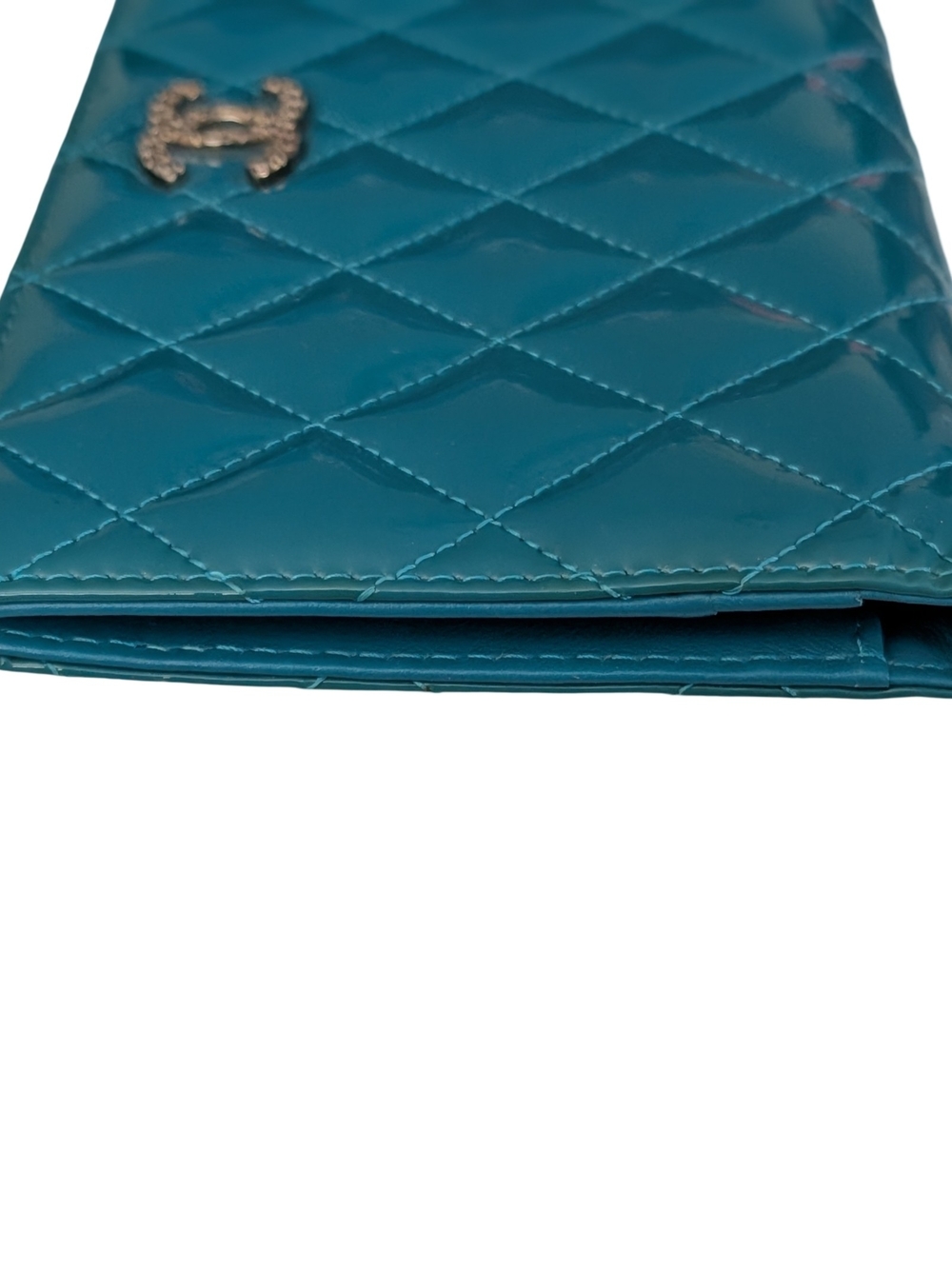 CHANEL Teal Quilted Patent Leather Clutch Silver CC Long Wallet Purse - Picture 5 of 15